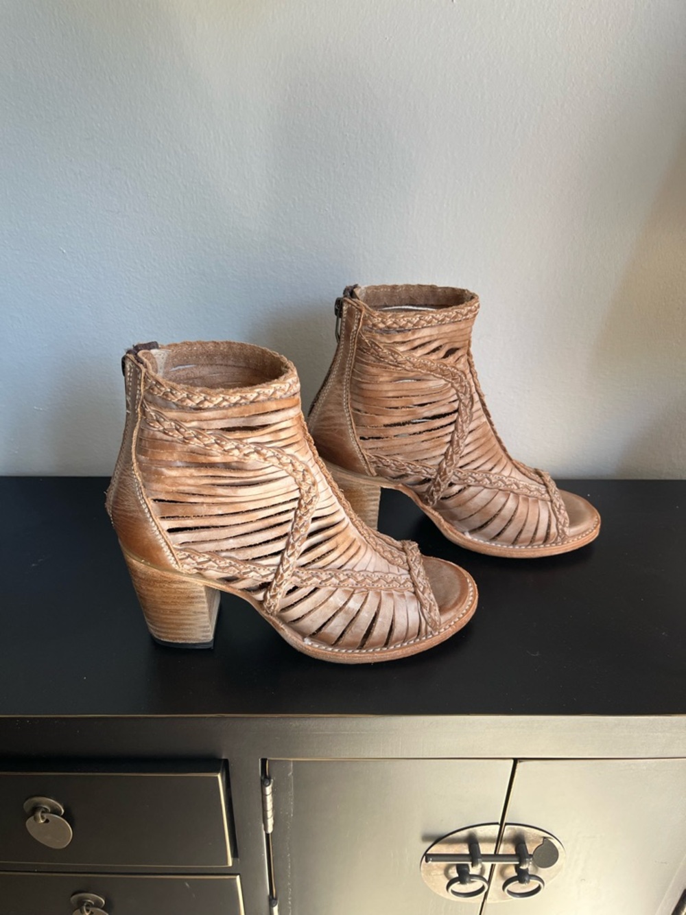 Freebird by Steven Tan Woven Peep-Toe Block Heel Ankle Boots